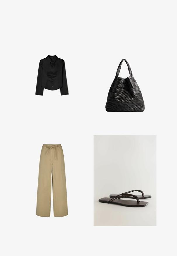 Sort langærmet skjorte lavet af glat stof, med en spidse krave, frontlukning med knapper og en cropped kant med sidelæg.; Beige vidde bukser med høj talje, snoretræk og to sidelommer, lavet af et glat, letvægtsmateriale.; Sorte flade sandaler med et minimalistisk design, der har tynde, knyttede stropper og en glat, flad sål. Materialet ser blødt og fleksibelt ud.; Sort vævet totebag med to håndtag. Blød tekstur, afslappet design og en stor, rund form. Ingen synlige hardware eller accenter.