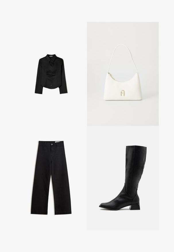 Cămașă neagră cu mâneci lungi, confecționată dintr-un material neted, având guler ascuțit, închidere frontală cu nasturi și un tiv scurt cu slituri laterale.; Pantaloni din denim negri cu picioare largi, cu talie înaltă, având buzunare frontale și posterioare, cusături dublate și închidere cu nasture. Textură netedă.; Cizme negre până la genunchi, din piele netedă, cu vârful rotund, toc modest și un design elegant, ajustat, fără aplicații.; Geantă albă cu o formă curbată și textură netedă. Dispune de un accent cu logo de culoare aurie și închidere cu fermoar. Curea de umăr ajustabilă.
