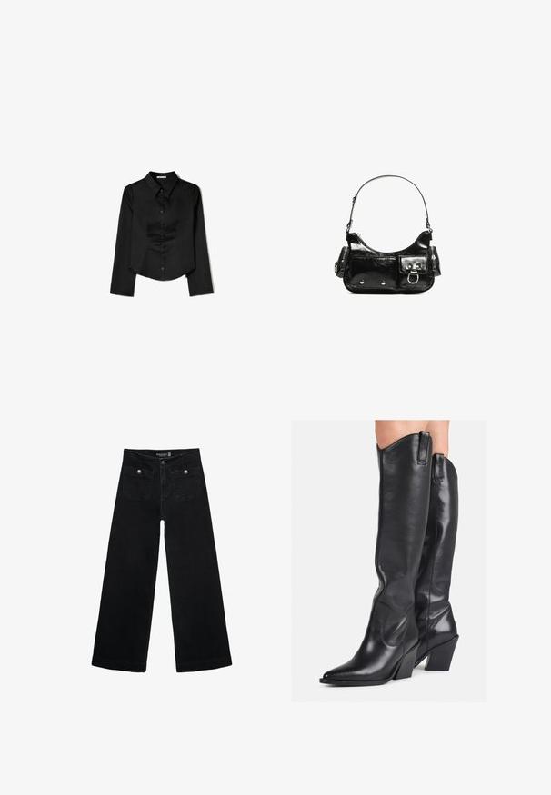 Schwarzes Langarmshirt aus glattem Stoff, mit spitzem Kragen, vorderem Knopfverschluss und einem gekürzten Saum mit seitlichen Schlitzen.; Schwarze, weit geschnittene Jeans mit hoher Taille, die zwei Fronttaschen und metallene Knopfakzente aufweist. Der Stoff hat eine glatte Textur.; Schwarze, knielange Lederstiefel mit spitzem Zeh, gebogenem Schaft und blockiertem Absatz. Sie verfügen über eine glatte Textur und Zuglaschen an der Oberseite.; Schwarze Lackleder-Handtasche mit geschwungenem Design, einem Schulterriemen, Vordertaschen und silberfarbenen Hardware-Akzenten.