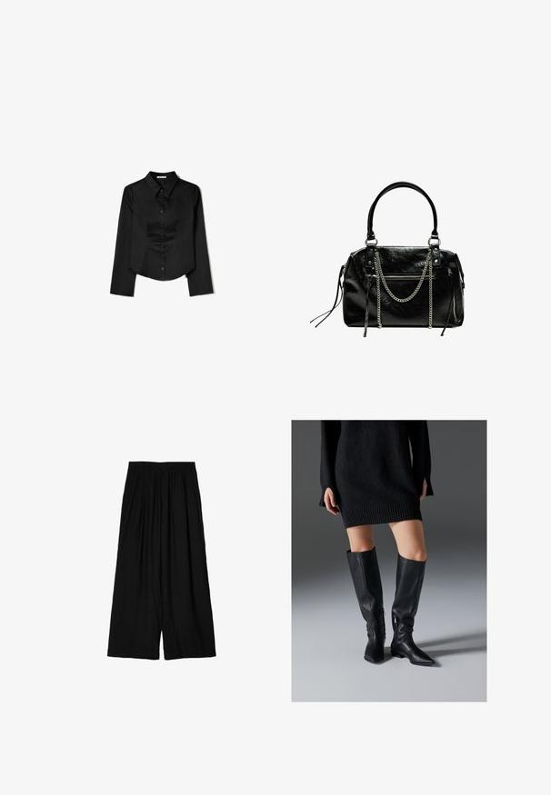 Zwarte langetermijnshirt gemaakt van soepele stof, met een puntige kraag, sluiting met knopen aan de voorkant en een cropped zoom met zijsplitten.; Zwarte wijde broek van lichtgewicht stof, met een elastische tailleband en een zachte, gekreukte textuur. Vloerlengte ontwerp.; Zwarte leren laarzen tot boven de knie met puntige neuzen, platte zolen en ritsen aan de zijkant. Heeft een gladde textuur en een strakke ontwerp zonder versieringen.; Bershka WITH CHAIN - Handtas - black