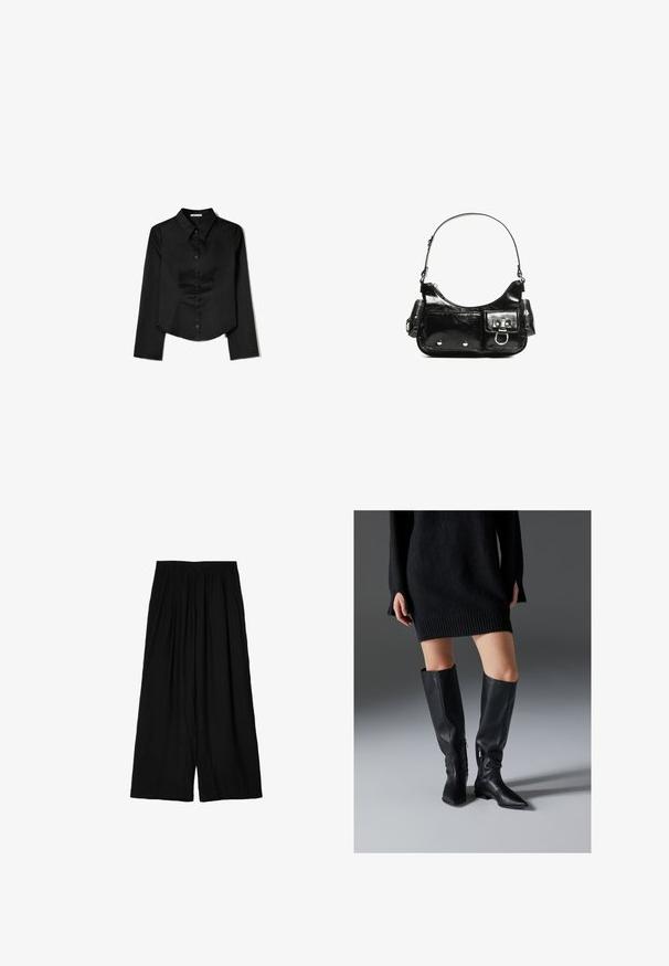Sort langærmet skjorte lavet af glat stof, med en spidse krave, frontlukning med knapper og en cropped kant med sidelæg.; Sorte vide bukser lavet af letvægtsstof, med elastisk talje og blød, krøllet struktur. Gulvlængde design.; Sorte læderstøvler over knæet med spidse tæer, flade såler og lynlåse i siden. Glat tekstur, elegant design uden pynt.; Sort patenteret læder håndtaske med en buet form, en skulderrem, frontlommer og hardware accenter i sølvfarve.