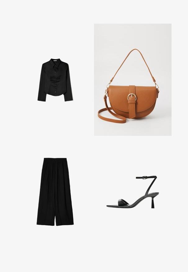 Zwarte langetermijnshirt gemaakt van soepele stof, met een puntige kraag, sluiting met knopen aan de voorkant en een cropped zoom met zijsplitten.; Zwarte wijde broek van lichtgewicht stof, met een elastische tailleband en een zachte, gekreukte textuur. Vloerlengte ontwerp.; Bershka Sandalen met hoge hak - black; Bruine leren schoudertas met een gebogen vorm, gouden hardware en een gespaccent. Bevat een afneembare schouderriem.