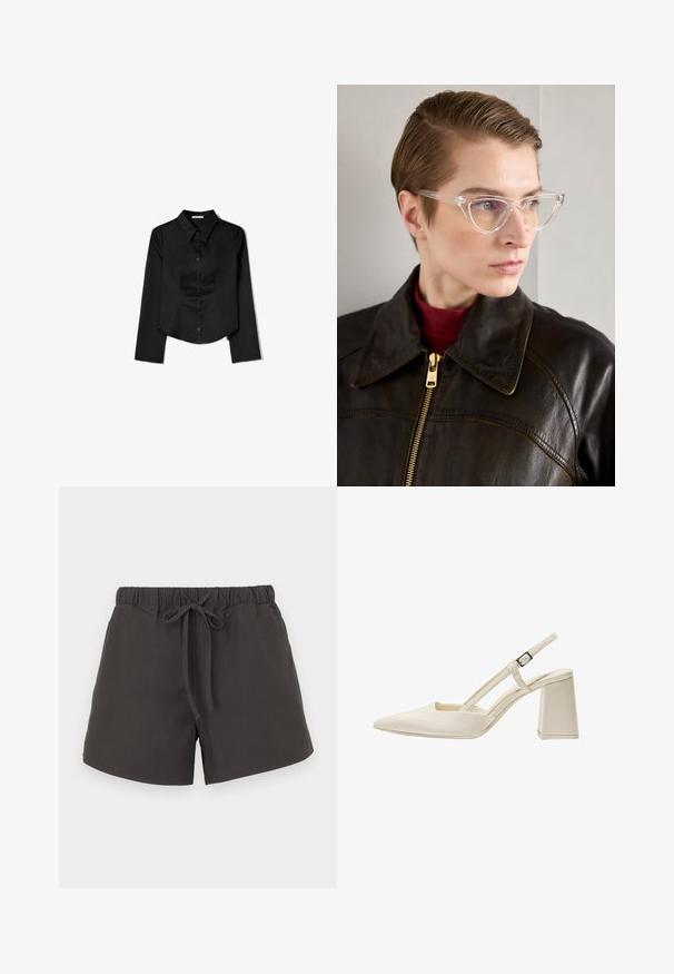 Černá košile s dlouhým rukávem vyrobená z hladké látky, zahrnující špičatý límec, přední zapínání na knoflíky a zkrácený lem se bočními rozparky.; Tmavě šedé bavlněné šortky s elastickým pasem, nastavitelnou šňůrkou a volným střihem. Hladká textura bez viditelných vzorů nebo ozdob.; Béžové nazouvací boty s špičatou špičkou, lesklým lakovaným povrchem, středně vysokým blokovým podpatkem a nastavitelným páskem. Minimalistický design s otevřenými boky.; Průhledné acetátové brýle ve tvaru kočičích očí se žlutě zbarvenými skly, které nosí osoba v tmavé kožené bundě a červeném roláku. Hladký povrch.; Bershka WITH CHAIN - Kabelka - black