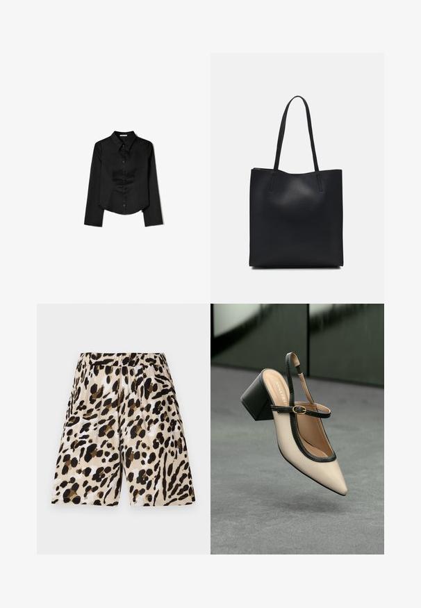 Cămașă neagră cu mâneci lungi, confecționată dintr-un material neted, având guler ascuțit, închidere frontală cu nasturi și un tiv scurt cu slituri laterale.; Șorturi cu imprimeu leopard, cu o talie elastică, fabricate dintr-un material ușor. Prezintă culori bej, negru și maro, cu un model texturat.; Pantof divers în nuanță bej, cu vârf ascuțit, curea de susținere în spate, cu margine neagră, cataramă aurie și toc gros pe un podea gri, cu un fundal verde închis.; Geantă tote neagră din piele, cu textură netedă, formă rectangulară și două mânere lungi. Fără hardware vizibil sau ornamente.