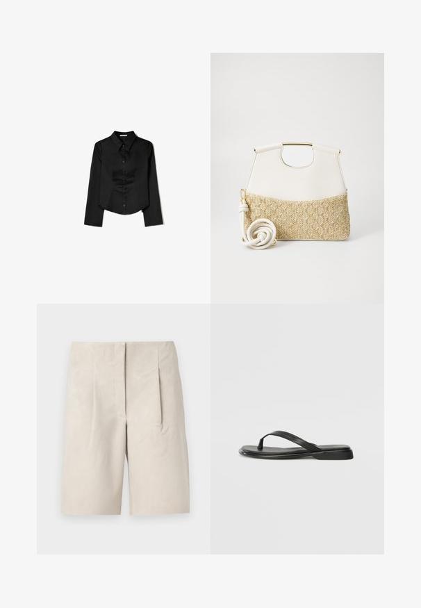Chemise noire à manches longues en tissu lisse, avec un col pointu, une fermeture à boutons à l'avant et un ourlet court avec des fentes latérales.; Shorts en suède beige avec une coupe décontractée, présentant deux plis à l'avant et un design de taille épuré. Texture lisse, longueur mi-cuisse.; Tongs noires en cuir lisse, avec un design de sangle fine et une semelle plate à profil minimal. Aucun motif ou accent notables.; Sac à main en cuir blanc avec un fond en tissu tissé crème texturé. Comprend une poignée en métal doré et une sangle enroulée blanche pour plus de polyvalence.