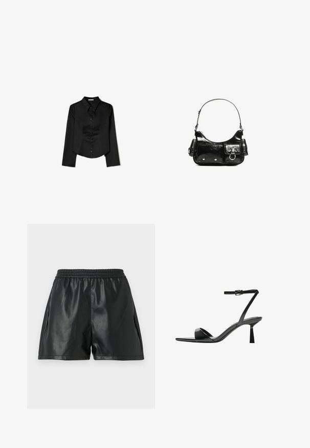 Czarna longsleeve z gładkiego materiału, z wyraźnym kołnierzykiem, z przodem zapinanym na guziki oraz skróconym dołem z bocznymi rozcięciami.; Czarne szorty z faux skóry z elastycznym pasem, charakteryzujące się gładką fakturą i luźnym krojem. Bez widocznych wzorów ani akcentów.; Bershka - Sandały na obcasie; Czarna torebka z lakierowanej skóry o zaokrąglonym kształcie, z jednym paskiem na ramię, przednimi kieszeniami i akcentami w kolorze srebrnym.