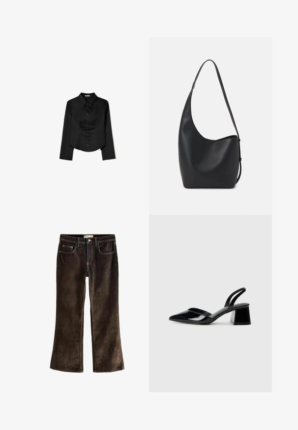 Fekete, hosszú ujjas ing sima anyagból, hegyes gallérral, elülső gombos záródással és oldalhasítékkal ellátott cropped szegéllyel.; Barna kordbársony bootcut farmernadrág kontrasztos sárga varrással, öt zsebbel és gombos záródással a deréknál.; Fekete lakk bőr szandálkés magas sarkú cipő, hegyes orral és geometrikus tömbsarkakkal. Karcsú, minimalista dizájn és sima textúra jellemzi.; Fekete bőr hobo táska sima textúrával, ívelt formával és egyetlen állítható pánttal; széles nyílás található a tetején.