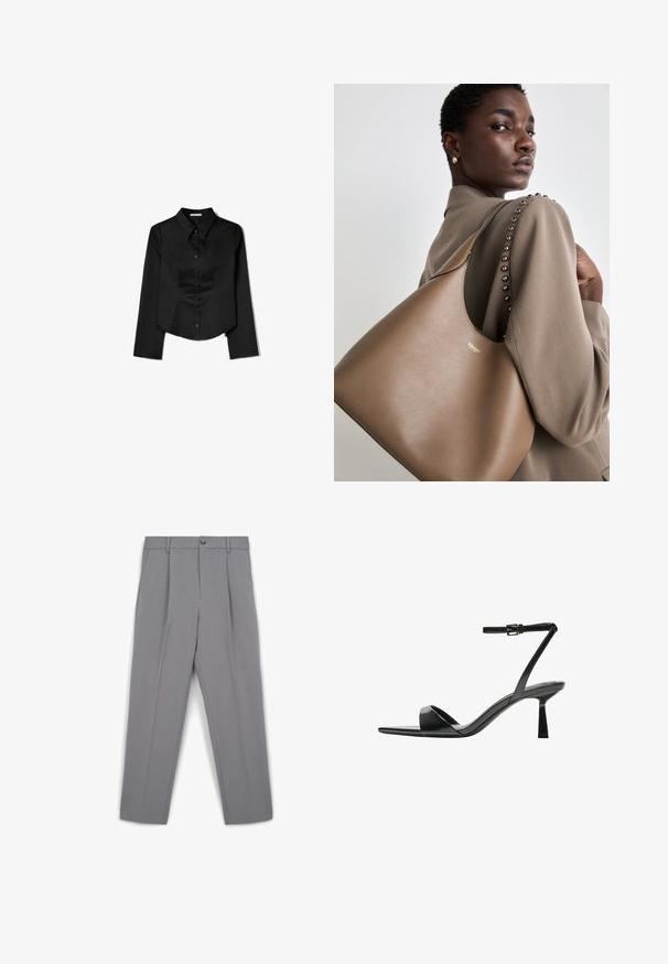 Schwarzes Langarmshirt aus glattem Stoff, mit spitzem Kragen, vorderem Knopfverschluss und einem gekürzten Saum mit seitlichen Schlitzen.; Graue plissierte Hose aus glattem Stoff, mit einem vorderen Knopfverschluss, Gürtelschlaufen und einem geraden Bein-Design.; Bershka High Heel Sandalette - black; Braune Lederhandtasche mit glatter Textur, die eine geschwungene Silhouette und ein metallisches Logo aufweist. Der Riemen hat dekorative Nieten entlang der Naht.
