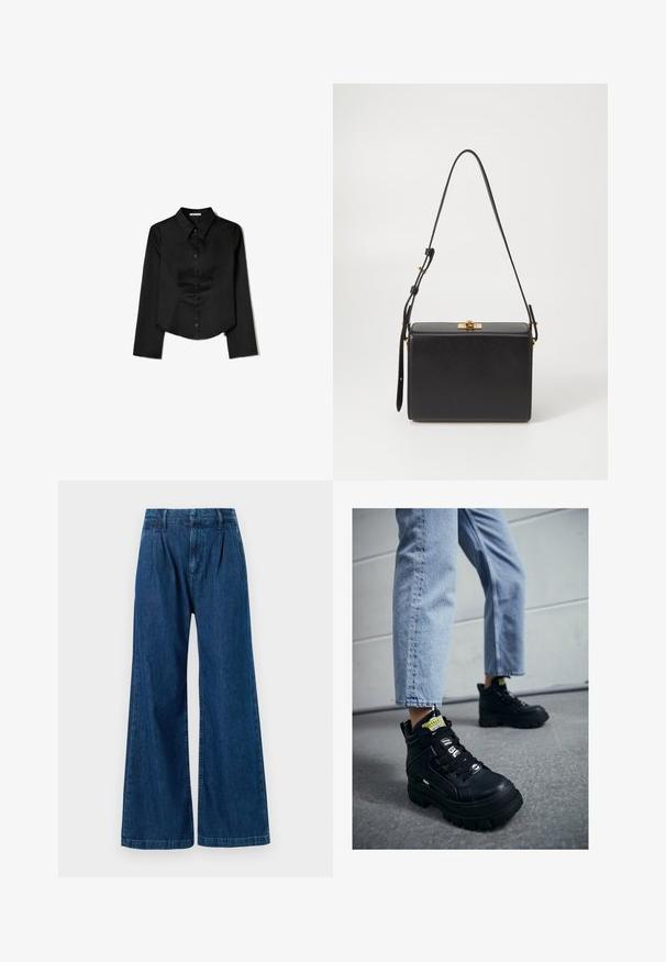 Czarna longsleeve z gładkiego materiału, z wyraźnym kołnierzykiem, z przodem zapinanym na guziki oraz skróconym dołem z bocznymi rozcięciami.; Szerokie dżinsy w ciemnoniebieskim kolorze. Posiadają plisowany przód oraz przyszyte detale w talii i u dołu. Wykonane z tkaniny bawełnianej.; Czarne sneakersy za kostkę z masywną podeszwą, z sznurowanym designem, akcentami w postaci logo i żółtymi metkami. Noszone z jasnoniebieskimi, skróconymi dżinsami.; Czarna skórzana torebka o prostokątnym kształcie, złotymi akcentami i cienkim, regulowanym paskiem. Gładka faktura z bezpiecznym zapięciem na klamrę.