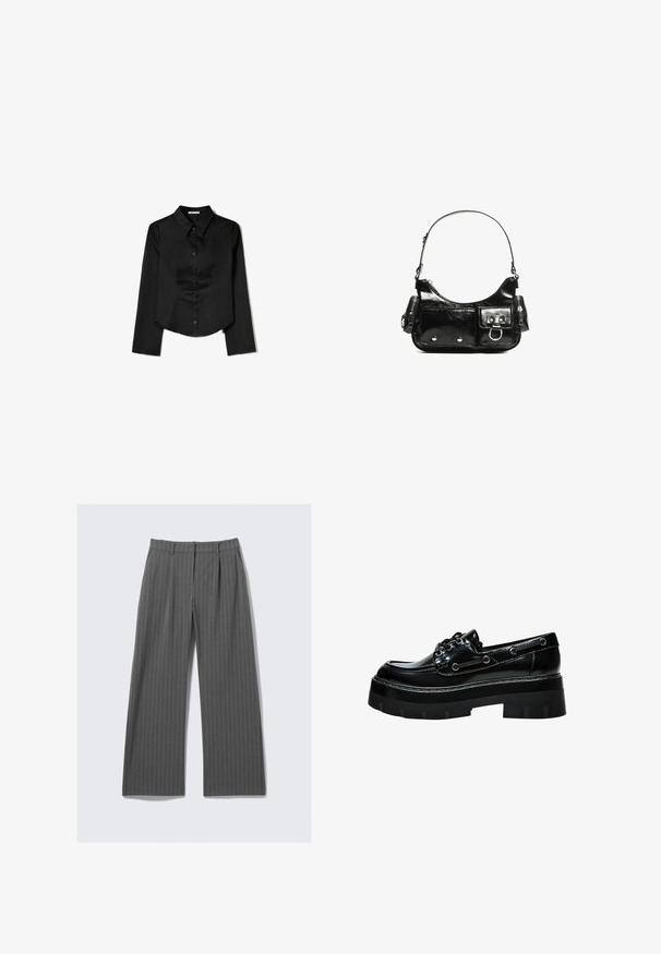 Sort langærmet skjorte lavet af glat stof, med en spidse krave, frontlukning med knapper og en cropped kant med sidelæg.; Grå stribede bukser med bred benvidde, frontfolder og bæltestropper, lagt fladt på en hvid baggrund.; Sort laker lædersko med en klodset platform, rund tå, snørredesign og sølvfarvede øsken. Har en struktureret, skridsikker sål.; Sort patenteret læder håndtaske med en buet form, en skulderrem, frontlommer og hardware accenter i sølvfarve.
