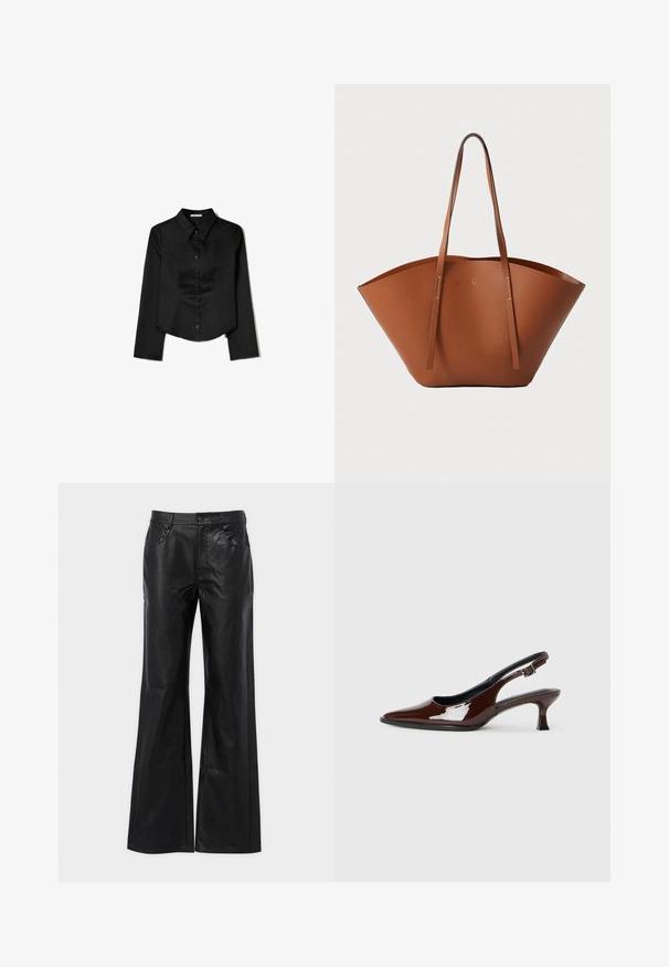 Cămașă neagră cu mâneci lungi, confecționată dintr-un material neted, având guler ascuțit, închidere frontală cu nasturi și un tiv scurt cu slituri laterale.; Pantaloni din piele neagră cu flared, având o textură netedă, închidere cu nasture metalic și buzunare frontale. Prezintă talie înaltă și o siluetă ajustată.; Pantofii slingback din piele patent maro, cu vârful ascuțit și un toc moderat. Prezintă o curea cu prindere pentru o potrivire sigură. Textură netedă.; Geantă tote din piele maro, cu o formă largă și bine structurată, mânere subțiri și un finisaj texturat. Prezintă un design minimalist, fără hardware vizibil.