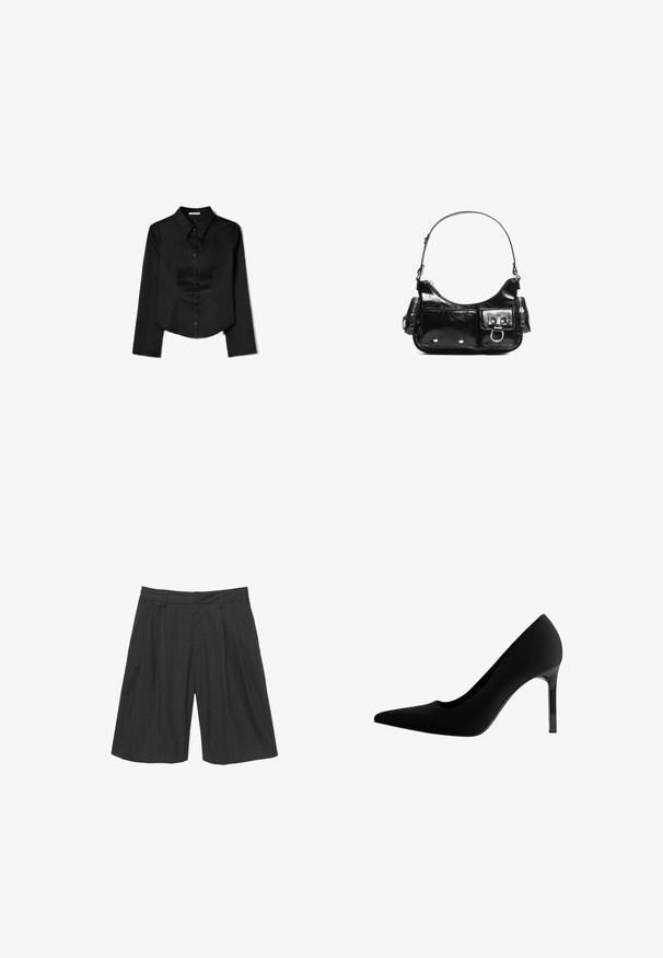 Musta pitkähihaisten paita, joka on valmistettu sileästä kankaasta. Siinä on kärkitasku, edessä napitus ja lyhennetty helma, jossa on sivuhaalareita.; Tummanharmaat pinstripe-shortsit, jotka on valmistettu sileästä kankaasta. Niissä on istuva vyötärö, pystysuorat laskokset ja polvenpituinen leikkaus. Ei näkyviä taskuja tai koristeita.; Musta korkokengät, joissa on terävä kärki, sileä mattapinta, hoikka stiletto-korko ja hienovarainen leikkaus kaaren kohdalla.; Mustekko mustasta kiiltonahasta valmistettu käsilaukku, jossa on kaareva muoto, yksi olkahihna, etutaskut ja hopeanväriset yksityiskohdat.