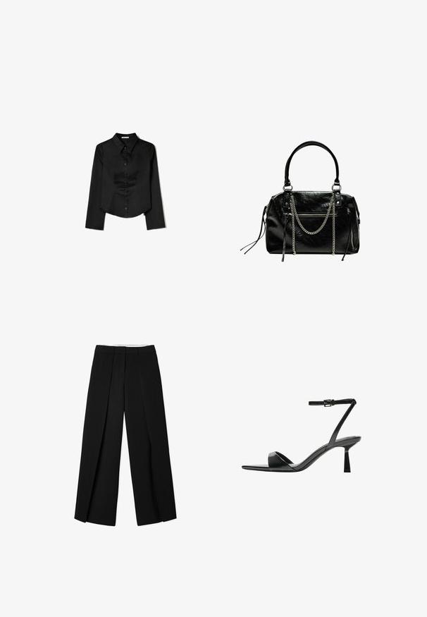 Black long-sleeve shirt made from smooth fabric, featuring a pointed collar, front button closure, and a cropped hem with side slits.; Black wide-leg trousers with a pleated design, made from smooth fabric. Features a structured waistband and clean, tailored lines.; Bershka High heeled sandals - black; Bershka WITH CHAIN - Handbag - black