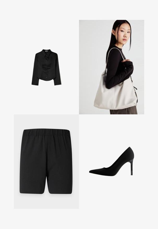 Crna košulja dugih rukava od glatkog materijala, s izrezom u obliku oštrice, prednjim zatvaranjem na gumbe i skraćenim rubom s bočnim prorezima.; Crne atletske kratke hlače s elastičnim pojasom, s glatkom teksturom i slobodnim krojem za udobnost i lakoću kretanja.; Crne visoke potpetice s šiljastim vrhom, glatkim mat materijalom, vitkim stiletto potpeticama i suptilnim izrezom na luku.; Bežna torba od mekog materijala s opuštenim dizajnom, šivanim detaljima i dva remena za rame. Pogodna za svakodnevnu upotrebu.