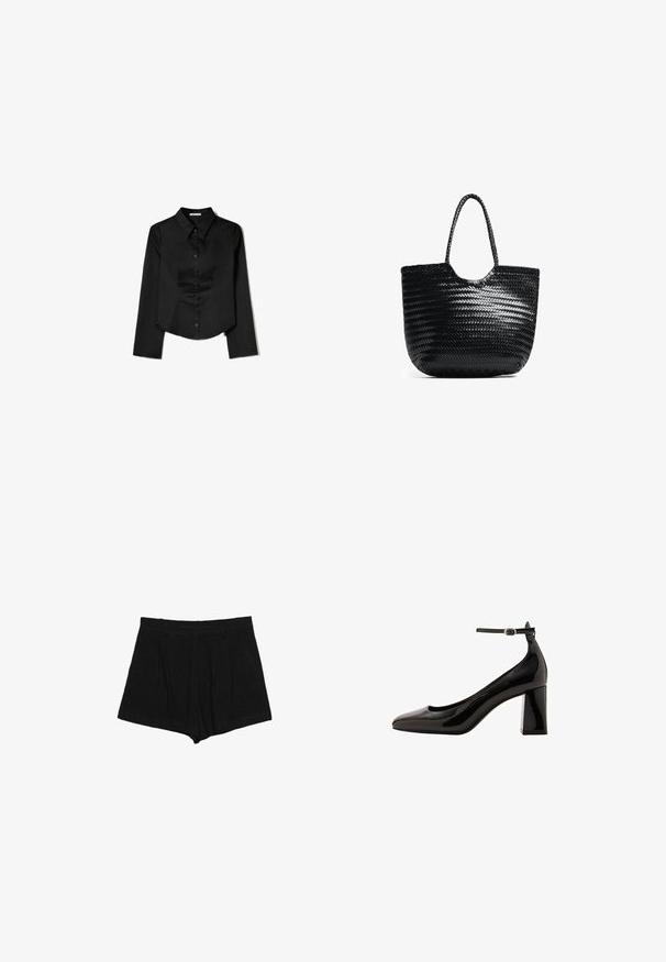 Schwarzes Langarmshirt aus glattem Stoff, mit spitzem Kragen, vorderem Knopfverschluss und einem gekürzten Saum mit seitlichen Schlitzen.; Schwarze Shorts aus einem strukturierten Stoff, mit einem plissierten Design, mittelhoher Taille und geradem Schnitt ohne sichtbare Verschlüsse.; Schwarze Lackleder-Pumps mit Knöchelriemen und glänzender Oberfläche, spitzer Zehenform und dickem Blockabsatz. Sanfte Textur, minimalistische Details.; Schwarze geflochtene Tragetasche mit gerundetem Oberteil, Seitennähten und zwei geflochtenen Griffen. Verfügt über ein strukturiertes Muster und ein geräumiges Innenfach.