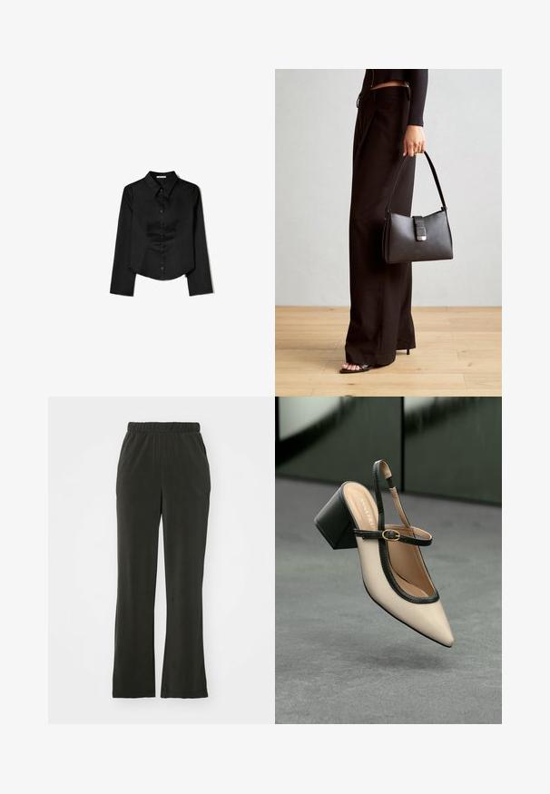 Crna košulja dugih rukava od glatkog materijala, s izrezom u obliku oštrice, prednjim zatvaranjem na gumbe i skraćenim rubom s bočnim prorezima.; Crne, mekane hlače od tkanine s elastičnom trakom u struku, s opuštenim krojem i ravnim nogavicama. Nema vidljivih uzoraka ili detalja.; Bež cipele s otvorenom petom i šiljastim vrhom, crnim obrubom, zlatnom kopčom i debelim blok-petom na sivom podu s tamnozelenom pozadinom.; Crna torba s oblikom koji sadrži strukturu, glađu teksturu i metalnu kopču. Uparena s širokim crnim hlačama i sandalama na otvorenom s drvenog poda.