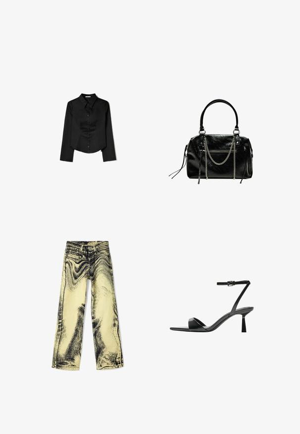 Zwarte langetermijnshirt gemaakt van soepele stof, met een puntige kraag, sluiting met knopen aan de voorkant en een cropped zoom met zijsplitten.; Brede jeans in gele denim met een zwart grafisch ontwerp. Heeft vijf zakken, een reguliere tailleband en zichtbare stiksels langs de naden.; Bershka Sandalen met hoge hak - black; Bershka WITH CHAIN - Handtas - black