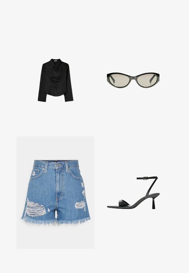 Musta pitkähihaisten paita, joka on valmistettu sileästä kankaasta. Siinä on kärkitasku, edessä napitus ja lyhennetty helma, jossa on sivuhaalareita.; Vaaleansiniset korkeavyötäröiset farkkushortsit, joissa on kuluneet repeämät. Täydennetty revityllä helmalla ja klassisella viiden taskun designilla, jossa on napitus.; Bershka Korolliset sandaalit - black; Mustat kissakuvioiset aurinkolasit harmailla tummennetuilla linsseillä. Muovikehyksissä on terävät reunat ja sileä, kiiltävä pinta.