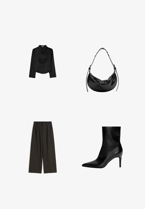 Black long-sleeve shirt made from smooth fabric, featuring a pointed collar, front button closure, and a cropped hem with side slits.; Wide-leg trousers in dark gray fabric with a textured finish, featuring front pleats and side pockets, designed for a loose fit.; Black leather ankle boot with pointed toe and slim mid-height stiletto heel, smooth texture, and no visible fastenings.; Black leather handbag with a crescent shape, smooth texture, and adjustable strap, featuring subtle hardware accents. Zipper closure visible.