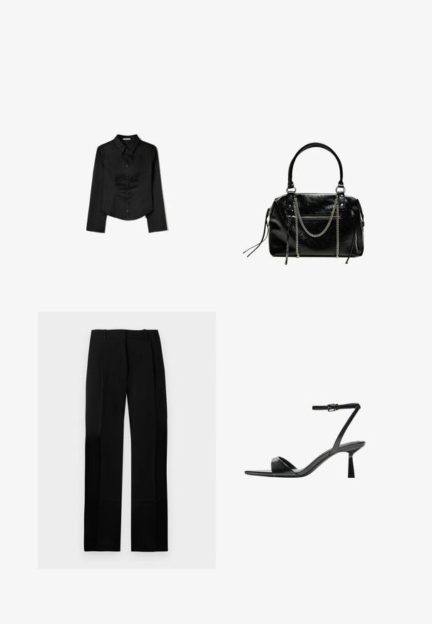 Cămașă neagră cu mâneci lungi, confecționată dintr-un material neted, având guler ascuțit, închidere frontală cu nasturi și un tiv scurt cu slituri laterale.; Pantaloni negri croiți, cu textură fină, croială dreptă și pliuri frontale. Prezintă o talie plată și fără accesorii vizibile.; Bershka Sandale cu toc - black; Bershka WITH CHAIN - Geantă de mână - black