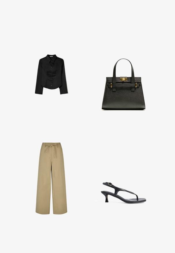 Črna srajca dolgimi rokavi, izdelana iz gladkega materiala, z ostrim ovratnikom, sprednjim gumbom in krajšo obrobo z stranskimi razpoki.; Beige široke hlače z visokim pasom, vrvico za zavezovanje in dvema stranskima žepoma, narejene iz gladkega, lahkega materiala.; Črne usnjene sandale z ozkim dizajnom, tankimi trakovi in majhno peto. Imajo poudarek na sponki in gladko teksturirano podplato.; Črna strukturirana toaletna torba z kratkimi ročaji, ki ima zlat zaklep in poudarke. Oblikovanje je strukturirano, s geometrijsko silhueto.
