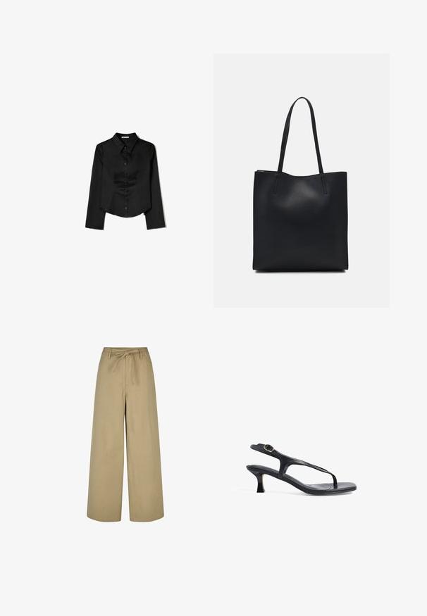 Black long-sleeve shirt made from smooth fabric, featuring a pointed collar, front button closure, and a cropped hem with side slits.; Beige wide-leg trousers with a high waist, drawstring tie, and two side pockets, made from a smooth, lightweight fabric.; Black leather sandal with a slim design, thin straps, and a small heel. Features a buckle accent and a smooth textured footbed.; Black leather tote bag with smooth texture, rectangular shape, and two long handles. No visible hardware or embellishments.