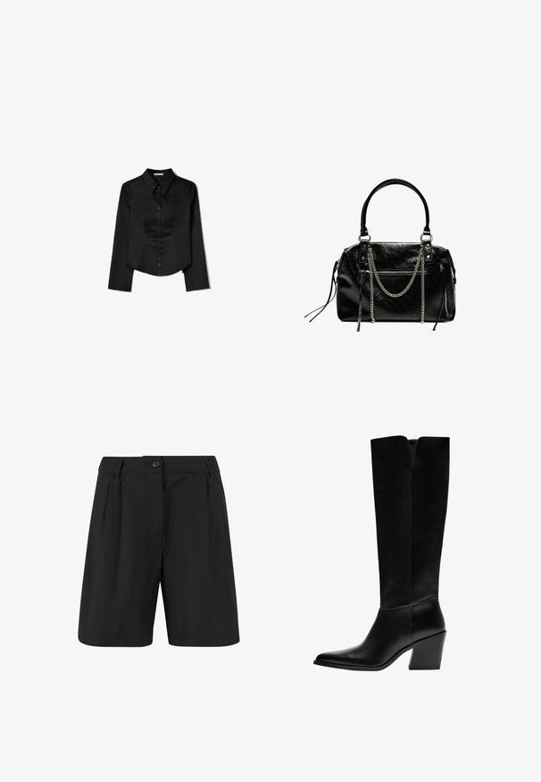Svart långärmad skjorta i slätt tyg, med spetsig krage, framknappning och cropped nederkant med sidofrack.; Svarta shorts med skräddarsydd design, som har framfållar, slät front och en knappstängning. Slät tygstruktur.; Svarta knästövlar i släthet läder, med spetsig tå, blockklack och ett V-format urtag högst upp.; Bershka WITH CHAIN - Handväska - black
