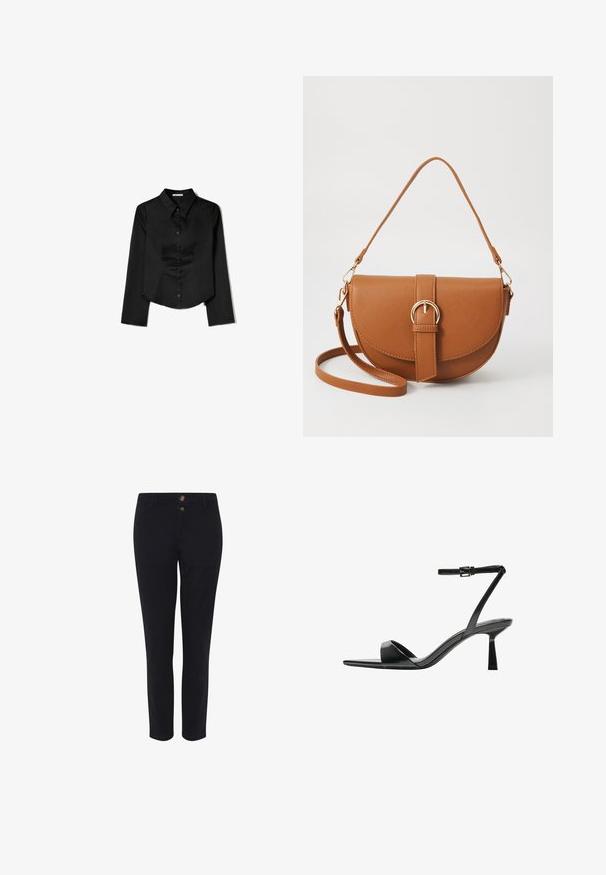 Cămașă neagră cu mâneci lungi, confecționată dintr-un material neted, având guler ascuțit, închidere frontală cu nasturi și un tiv scurt cu slituri laterale.; Pantaloni negri, croiți, dintr-un material din amestec de bumbac, cu două butoane frontale, croi drept și o textură netedă. Fără modele vizibile.; Bershka Sandale cu toc - black; Geantă din piele maro, tip crossbody, cu o formă curbată, accesorii aurii și un accent cu cataramă. Dispune de un curea de umăr detașabilă.