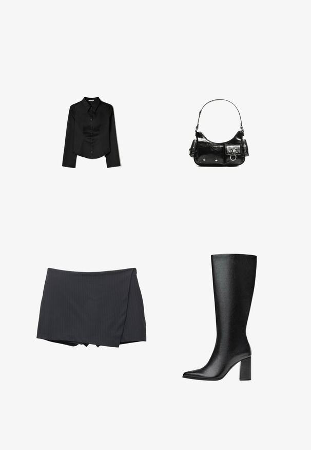 Zwarte langetermijnshirt gemaakt van soepele stof, met een puntige kraag, sluiting met knopen aan de voorkant en een cropped zoom met zijsplitten.; Zwarte minirok met hetelijnen en een wikkelontwerp, vervaardigd uit een gladde stof. Heeft een nette afwerking en geen zichtbare sluitingen.; Zwarte laars tot de knie van faux leer met een spitse neus, een gladde textuur en een chunky blokhak. Minimalistisch ontwerp zonder zichtbare accenten.; Zwarte laarzen in lakleer met een gebogen vorm, één schouderband, voorvakken en accenten in zilverkleurig metaal.