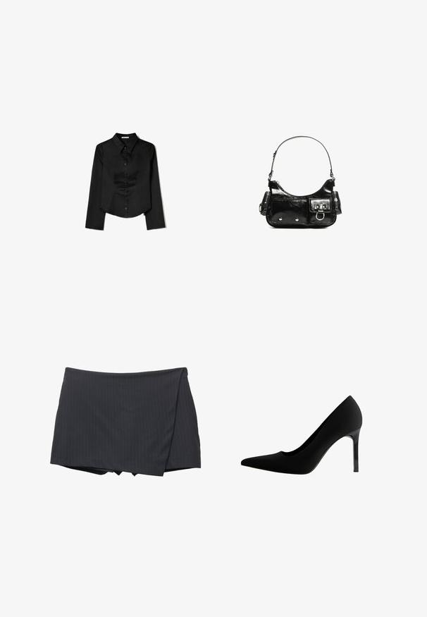 Musta pitkähihaisten paita, joka on valmistettu sileästä kankaasta. Siinä on kärkitasku, edessä napitus ja lyhennetty helma, jossa on sivuhaalareita.; Musta raitapintainen mini-hame, jossa on kietaisumalli ja joka on valmistettu sileästä kankaasta. Ominaisuuksiin kuuluu siisti viimeistely ja ei näkyviä kiinnityksiä.; Musta korkokengät, joissa on terävä kärki, sileä mattapinta, hoikka stiletto-korko ja hienovarainen leikkaus kaaren kohdalla.; Mustekko mustasta kiiltonahasta valmistettu käsilaukku, jossa on kaareva muoto, yksi olkahihna, etutaskut ja hopeanväriset yksityiskohdat.