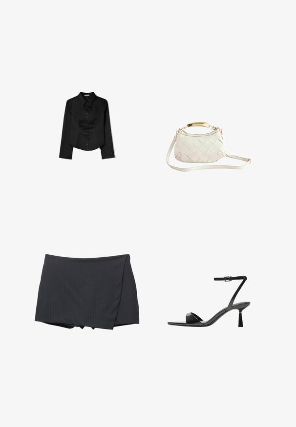 Zwarte langetermijnshirt gemaakt van soepele stof, met een puntige kraag, sluiting met knopen aan de voorkant en een cropped zoom met zijsplitten.; Zwarte minirok met hetelijnen en een wikkelontwerp, vervaardigd uit een gladde stof. Heeft een nette afwerking en geen zichtbare sluitingen.; Bershka Sandalen met hoge hak - black; Witte geweven leren handtas met een gouden handvat, afneembare schouderband en ronde bodem. Voorzien van een ritssluiting aan de bovenkant.