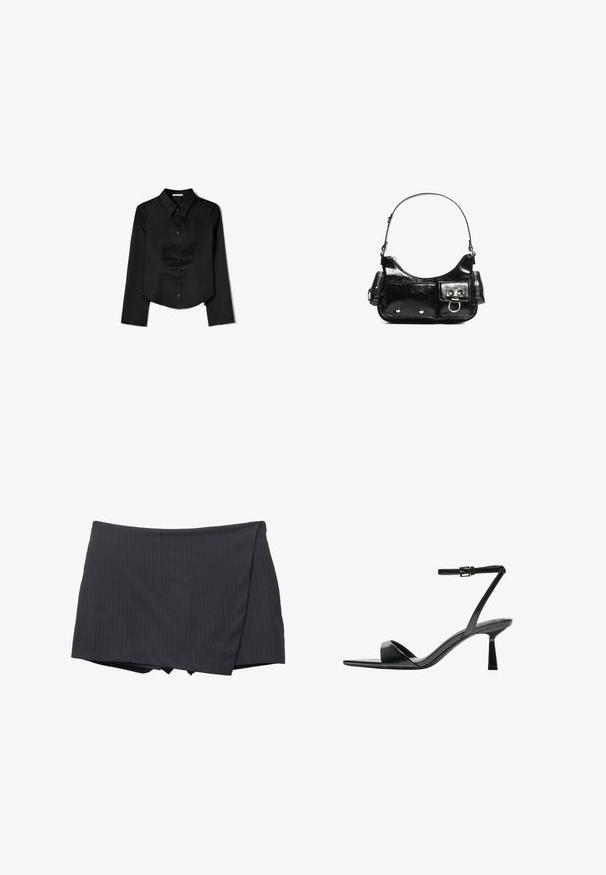 Černá košile s dlouhým rukávem vyrobená z hladké látky, zahrnující špičatý límec, přední zapínání na knoflíky a zkrácený lem se bočními rozparky.; Černá mini sukně s proužkovaným vzorem a zavinovacím designem, vyrobena z hladkého materiálu. Má čisté zakončení a žádné viditelné zapínání.; Bershka Sandály na vysokém podpatku - black; Černá lakovaná kožená kabelka s křivkovým tvarem, jedním ramenním popruhem, předními kapsami a stříbrnými kovovými detaily.