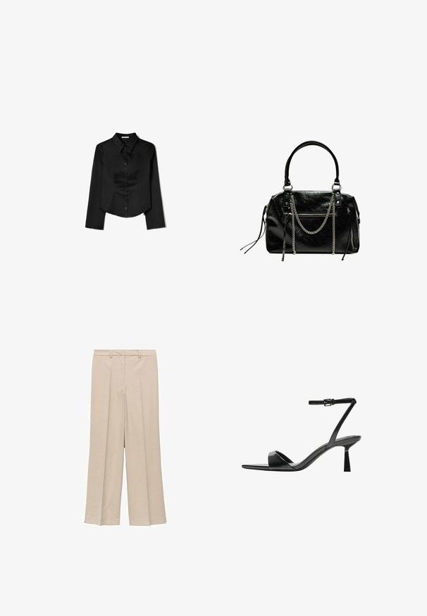 Musta pitkähihaisten paita, joka on valmistettu sileästä kankaasta. Siinä on kärkitasku, edessä napitus ja lyhennetty helma, jossa on sivuhaalareita.; Vaaleanbeiget leveät housut, joissa on sileä pinta, pleated etuosaa, sivutaskut ja istuva vyötärönauha.; Bershka Korolliset sandaalit - black; Bershka WITH CHAIN - Käsilaukku - black