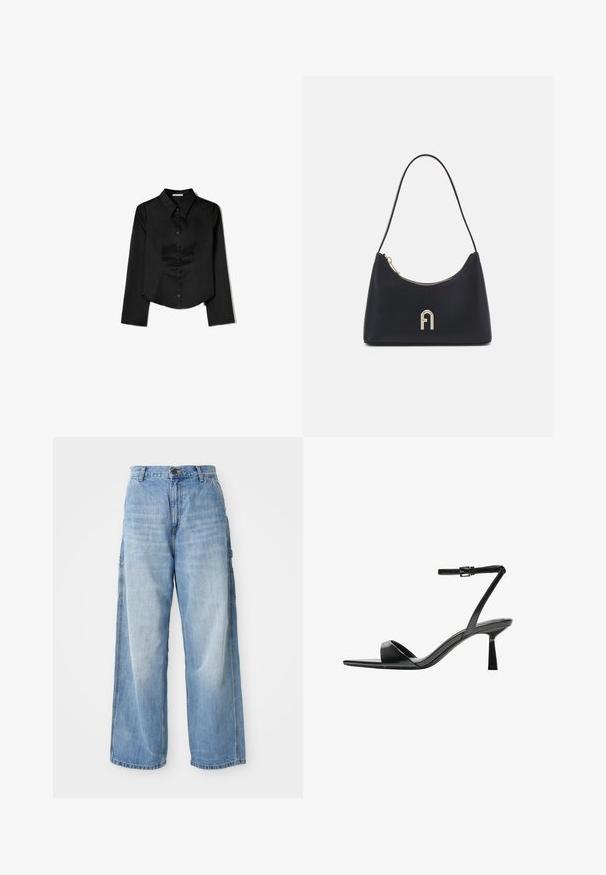 Fekete, hosszú ujjas ing sima anyagból, hegyes gallérral, elülső gombos záródással és oldalhasítékkal ellátott cropped szegéllyel.; Világoskék bő legszeletű farmernadrág magas derékkal, oldalzsebekkel és megfakult textúrával, denim anyagból készült.; Bershka Magas sarkú szandálok - black; Fekete válltáska sima anyagból, ívelt formával, arany cipzárral és arany fóliázott logóval az elején.