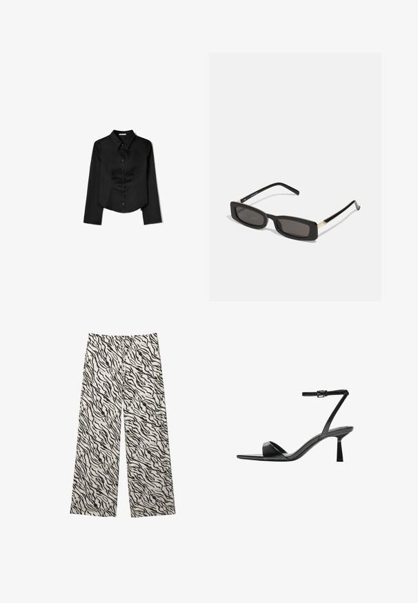 Zwarte langetermijnshirt gemaakt van soepele stof, met een puntige kraag, sluiting met knopen aan de voorkant en een cropped zoom met zijsplitten.; Brede-pijpenbroeken van een lichtgewicht stof met een zwart-wit tijgerstrepenpatroon. Elastische tailleband met een trekkoordje.; Bershka Sandalen met hoge hak - black; Zwarte rechthoekige zonnebril met donkere lenzen, glanzende plastic monturen en gouden accenten op de slapen. Minimalistisch ontwerp en elegante vorm.; Zwarte leren tote bag met een zachte, slappe vormgeving, brede hengsels en een gladde textuur. Geen zichtbare hardware of versieringen.