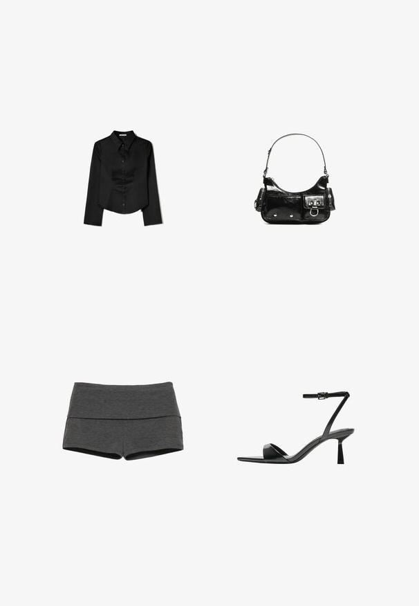 Zwarte langetermijnshirt gemaakt van soepele stof, met een puntige kraag, sluiting met knopen aan de voorkant en een cropped zoom met zijsplitten.; Grijze sportshorts van zacht, rekbaar materiaal. Met een brede tailleband en een aansluitend ontwerp, met een gladde textuur en zonder zichtbare patronen.; Bershka Sandalen met hoge hak - black; Zwarte laarzen in lakleer met een gebogen vorm, één schouderband, voorvakken en accenten in zilverkleurig metaal.