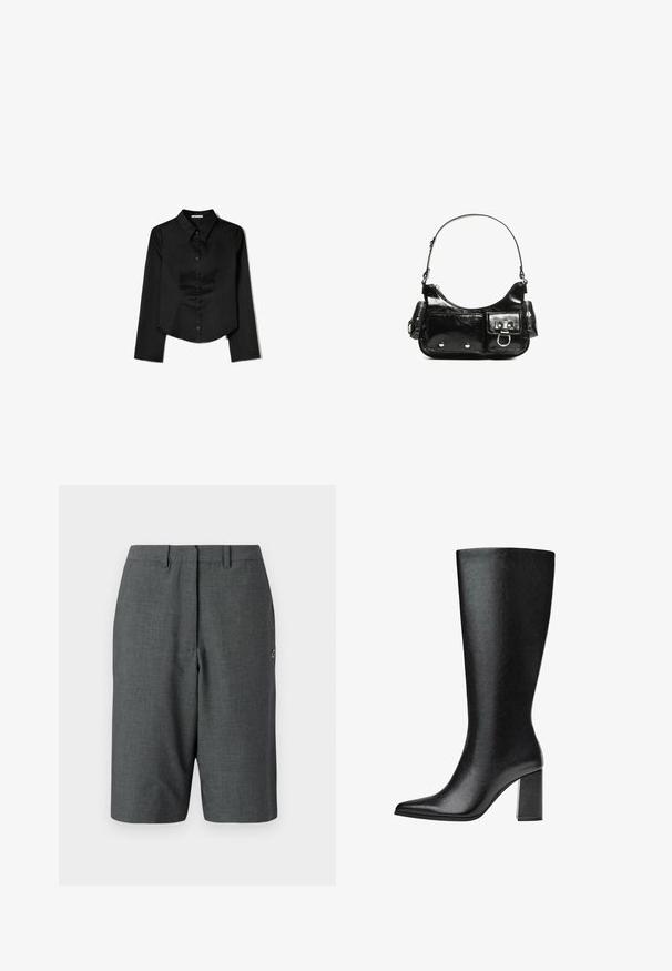 Svart långärmad skjorta i slätt tyg, med spetsig krage, framknappning och cropped nederkant med sidofrack.; Mörkgrå skurna shorts med texturerat tyg, en framficksveck, bältesöglor, sidofickor och en liten logoprick på benet.; Svart knähög stövel i faux läder med spetsig tå, slät yta och kraftig blockklack. Minimalistisk design utan synliga detaljer.; Svart lackläderhandväska med en rundad form, en axelrem, framfickor och detaljer i silverfärg.