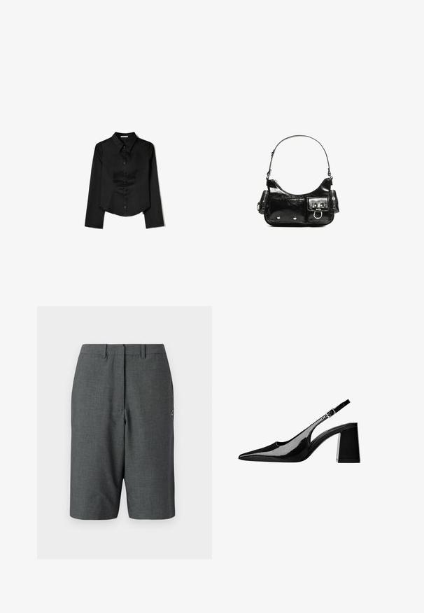 Svart långärmad skjorta i slätt tyg, med spetsig krage, framknappning och cropped nederkant med sidofrack.; Mörkgrå skurna shorts med texturerat tyg, en framficksveck, bältesöglor, sidofickor och en liten logoprick på benet.; Svart lackläder slingback pumps med spetsig tå, justerbart spänne och en robust hög klack. Slät textur med en glansig finish.; Svart lackläderhandväska med en rundad form, en axelrem, framfickor och detaljer i silverfärg.
