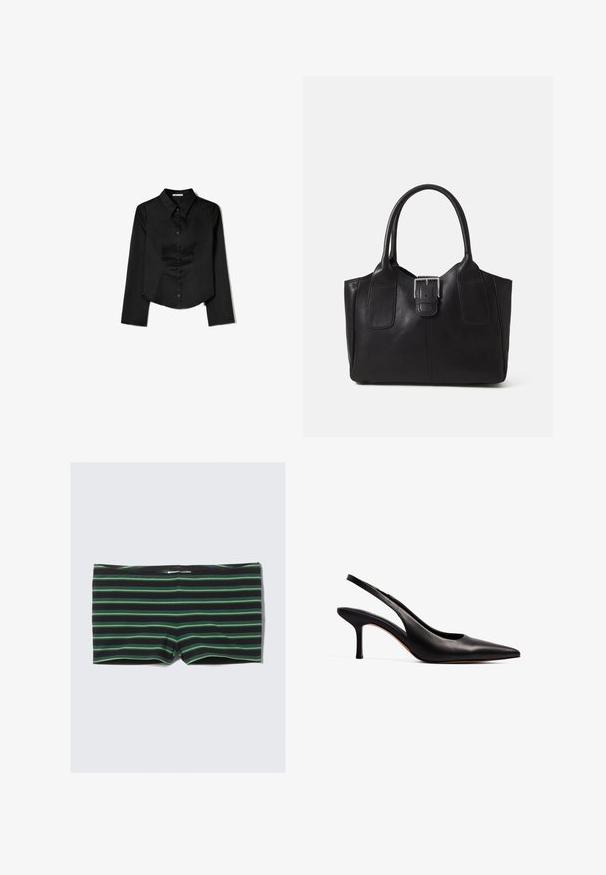 Zwarte langetermijnshirt gemaakt van soepele stof, met een puntige kraag, sluiting met knopen aan de voorkant en een cropped zoom met zijsplitten.; Zwarte zwemshorts met horizontale groene strepen. Heeft een slim fit ontwerp en een elastische tailleband. Gemaakt van een rekbaar, glad materiaal.; NA-KD Klassieke pumps - black; Zwarte leren tote bag met een gladde textuur, gestructureerde vorm, twee handvatten en een opvallend zilveren sluitingdetail aan de voorkant.