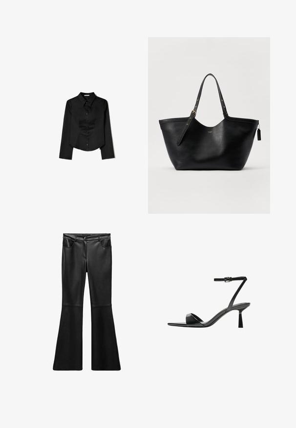Black long-sleeve shirt made from smooth fabric, featuring a pointed collar, front button closure, and a cropped hem with side slits.; Black faux leather flared pants with a smooth texture, high waistband, front pockets, and a zip fly. Features seam detailing on legs.; Bershka High heeled sandals - black; Black leather tote bag with a structured shape, dual handles, and gold hardware accents. Features a smooth texture and a decorative tag.