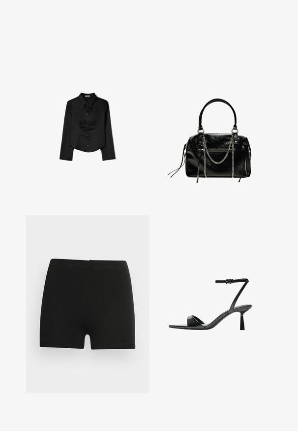 Schwarzes Langarmshirt aus glattem Stoff, mit spitzem Kragen, vorderem Knopfverschluss und einem gekürzten Saum mit seitlichen Schlitzen.; Schwarze Baumwollshorts mit taillierter Passform und elastischem Bund. Glatte Textur, mittellange Beinlänge bis zum Oberschenkel, ohne sichtbare Muster oder Verzierungen.; Bershka High Heel Sandalette - black; Bershka WITH CHAIN - Handtasche - black