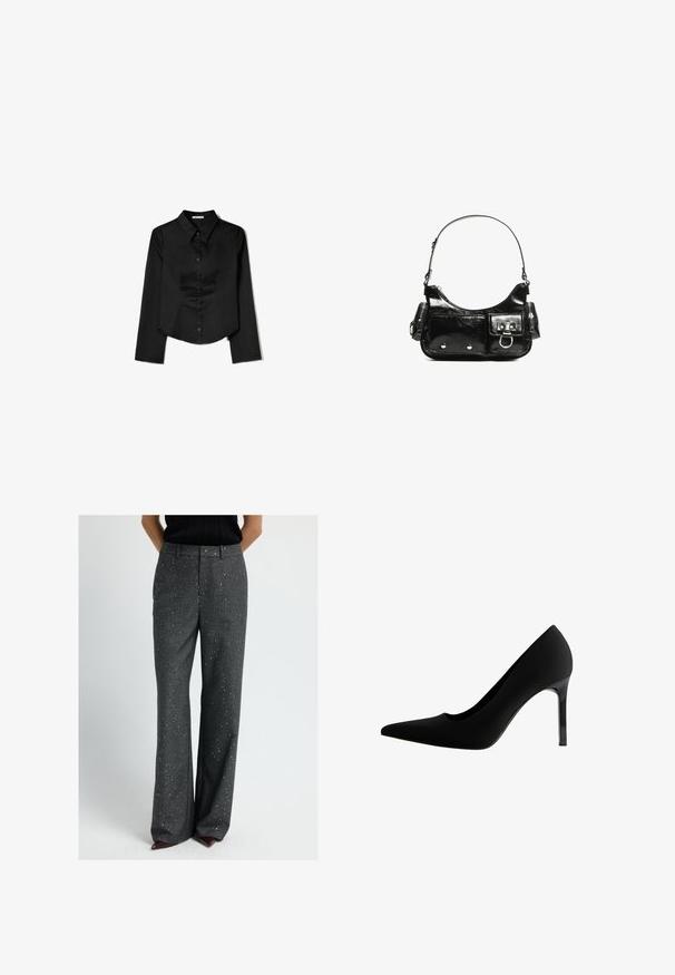 Chemise noire à manches longues en tissu lisse, avec un col pointu, une fermeture à boutons à l'avant et un ourlet court avec des fentes latérales.; Femme portant un pantalon large taille haute gris foncé avec de petites paillettes, associé à un haut noir et des chaussures pointues bordeaux.; Escarpin noir à talons hauts avec un bout pointu, en matériau mate et lisse, talon aiguille élancé et une subtile découpe à la voute.; Sac à main en cuir verni noir avec une forme incurvée, une bandoulière, des poches avant et des accents en métal argenté.