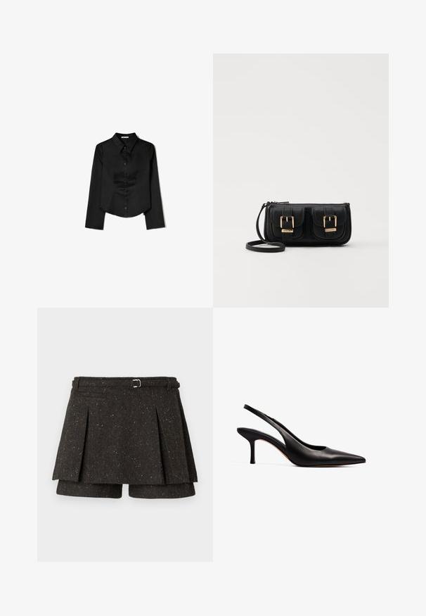 Schwarzes Langarmshirt aus glattem Stoff, mit spitzem Kragen, vorderem Knopfverschluss und einem gekürzten Saum mit seitlichen Schlitzen.; Dunkelgrauer, melierter Skort aus Wollmischung mit Falten, seitlichem Gürtel mit Metallschnalle und versteckter Shorts darunter.; NA-KD Pumps - black; Schwarze Leder-Umhängetasche mit zwei vorderen Taschen, goldenen Schnallen, Reißverschluss und einem schmalen Tragegurt. Texturierte Oberfläche und kompakte rechteckige Form.