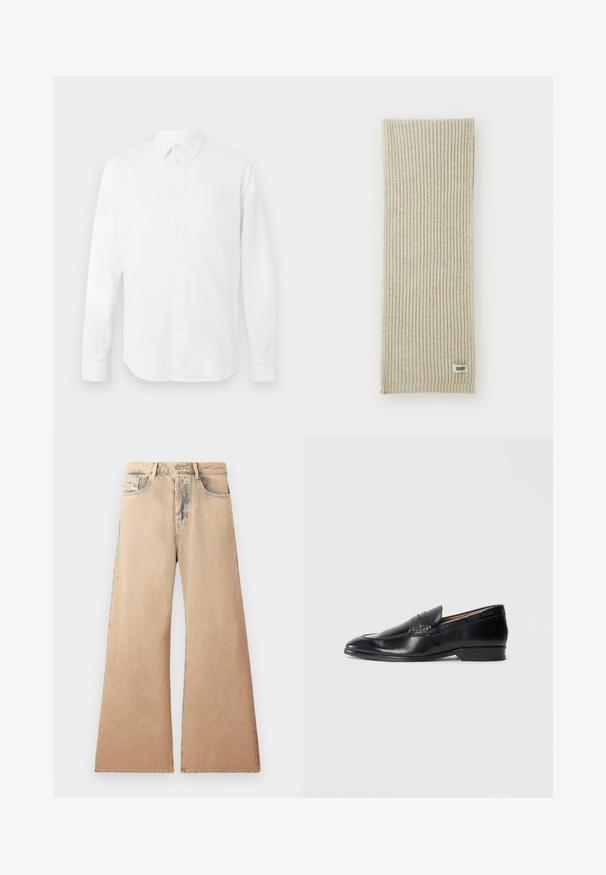 Hvit langermet skjorte laget av strukturert stoff, med klassisk krage, knappestenging foran, og rett kant. Den har en avslappet passform.; Beige vide benbukser med falmet tekstur, fem lommer, og sømdetaljer langs sømmene. Livet har en tradisjonell knappelukking.; Svarte lærloafers med glatt finish, spiss tå og subtile sømdetaljer. Har flat hæl og preget logo på siden.; Beige strikket skjerf med vertikal ribbestrikket tekstur. Har en liten stofflapp merket "DRYARN" i den ene enden. Mykt, lett materiale.; Svart slips med diagonale blå striper, laget av et glatt stoff. Har en avsmalnet ende og en knyttet løkke på toppen.