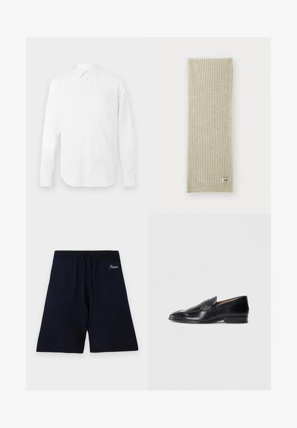 Hvit langermet skjorte laget av strukturert stoff, med klassisk krage, knappestenging foran, og rett kant. Den har en avslappet passform.; Nattblå shorts laget av myk stoff, med elastisk midje med snortau, og brodert tekst "Fremtid" nær toppen.; Svarte lærloafers med glatt finish, spiss tå og subtile sømdetaljer. Har flat hæl og preget logo på siden.; Beige strikket skjerf med vertikal ribbestrikket tekstur. Har en liten stofflapp merket "DRYARN" i den ene enden. Mykt, lett materiale.; Svart slips med diagonale blå striper, laget av et glatt stoff. Har en avsmalnet ende og en knyttet løkke på toppen.