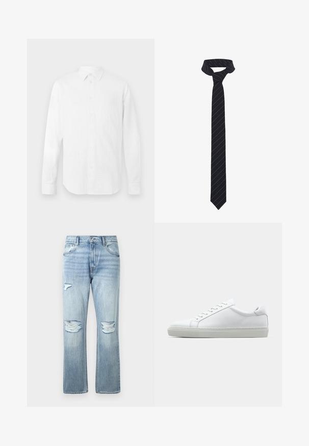 Biała koszula z długim rękawem, wykonana z teksturowanej tkaniny, z klasycznym kołnierzykiem, z przodem na guziki i prostym wykończeniem, o luźnym kroju.; Jasnoniebieskie dżinsy z przetarciami na obu kolanach oraz małym rozdarciem na górnej lewej udzie, klasyczny styl z pięcioma kieszeniami.; Białe sneakersy z gładką skórzaną cholewką i niskim profilem. Posiadają okrągły nos, sześć dziurek na sznurówki oraz teksturowaną gumową podeszwę.; Czarny krawat z diagonalnymi niebieskimi paskami, wykonany z gładkiego materiału. Posiada zwężający się koniec oraz zawiązany uchwyt na górze.