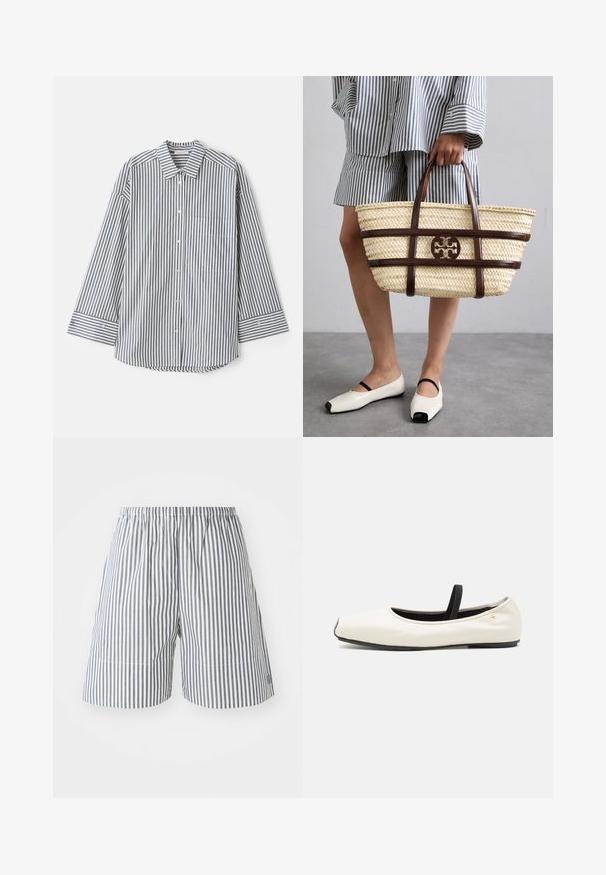 Košeľa na gombíky v modro-bielych prúžkoch. Má klasický golier, dlhé rukávy, náprsné vrecko a gombíkové manžety.; Prúžkové šortky v námorníckej modrej a bielej farbe z bavlny, so elastickým pásom a vo voľnom strihu. Dĺžka po polovicu stehna s jemnými detailmi šitia.; Plochá baletná topánka z bielej kože s okrúhlou špičkou, čiernym elastickým remienkom a malým zlatým emblémom pri päte. Mäkká textúra a minimalistický dizajn.; Tkaná slamená taška s hnedými koženými akcentmi a rúčkami. Má výrez s logom a kontrastné horizontálne pruhy.