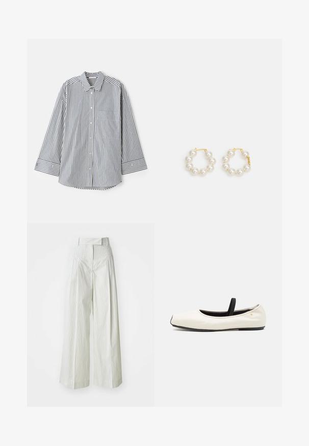 Button-up shirt in blue and white stripes. Features a classic collar, long sleeves, a chest pocket, and buttoned cuffs.; Wide-leg trousers in light green with vertical white stripes. Features a high waist, belt loops, and a smooth cotton texture.; Flat ballet shoe in white leather with a rounded toe, black elastic strap, and small gold emblem near the heel. Soft texture and minimalist design.; Pearl hoop earrings featuring a gold-tone metal clasp. The design includes several smooth, white pearls in a circular shape.