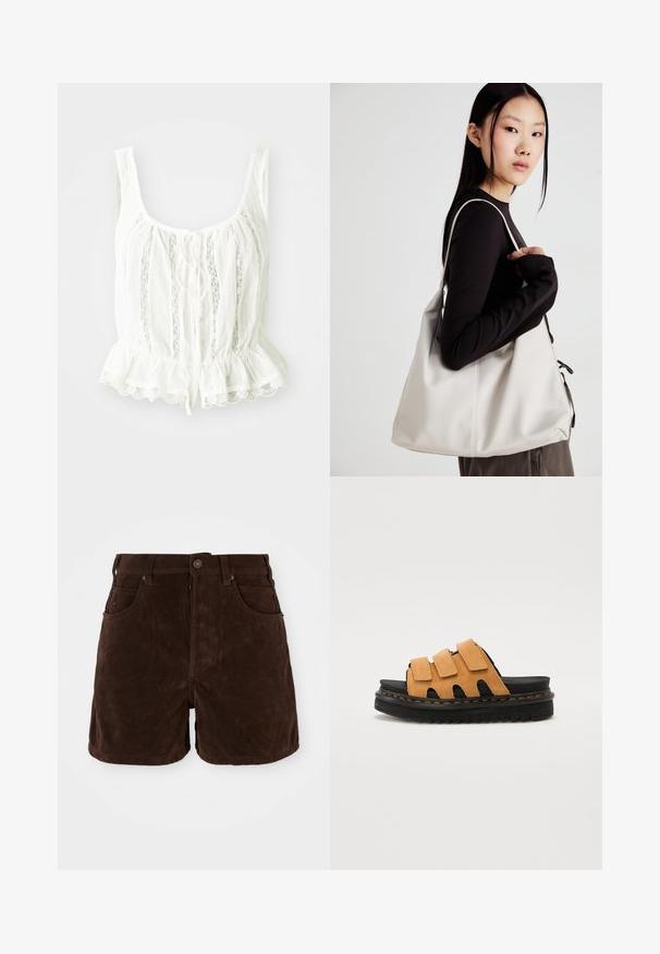 Bela bluza s peplum robom, ki ima čipkast rob, zapiranje s trakovi in vertikalne gubice. Narejena iz lahkotnega, rahlo nagubanega materiala.; Rjave semišne kratke hlače z visokim pasom, gumbom za zapiranje in štirimi žepi. Gladka tekstura in ravna kroja s čistimi linijami.; Nude semušne natikače z naramnicami imajo tri nastavljive trakove, črn gumijast podplat z teksturiranim profilom in kontrastne rumene šive.; Bežna torbica iz mehkega materiala, z ohlapno zasnovo, šivi in dvema naramnicama. Primerna za vsakodnevno uporabo.