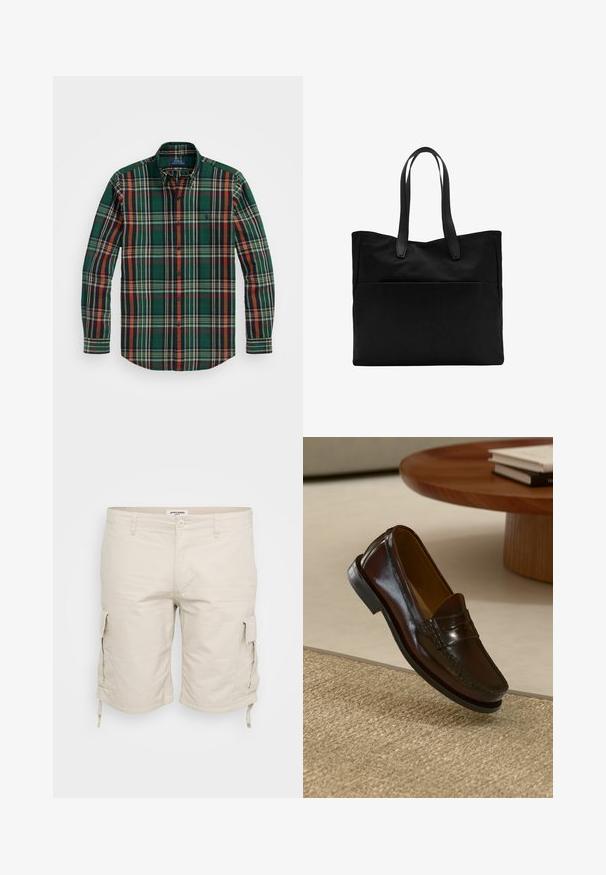 Green plaid button-up shirt with orange, navy, and white stripes. Features a classic collar and long sleeves, made from soft cotton fabric.; Beige cargo shorts made of lightweight fabric, featuring side pockets, adjustable drawstrings at the hem, and a classic five-pocket design.; Brown leather loafers with a glossy finish, featuring a stitched detail across the front and a low-profile black rubber sole.; Black tote bag with two long handles, made of smooth fabric. Features a front pocket and a minimalist design. No visible hardware or patterns.; Digital Casio watch with a rose gold metal band, rectangular case, illuminated display, and water resistance, showing time and date.
